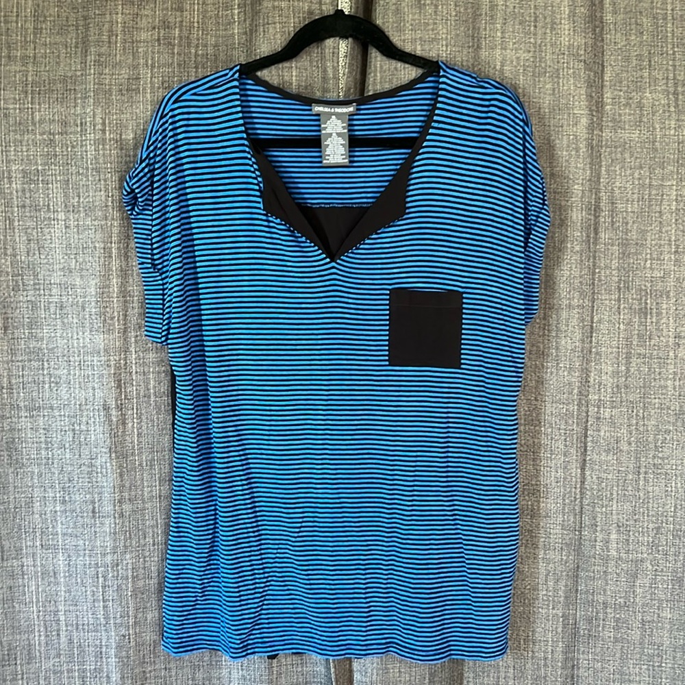 Chelsea & Theodore blue and black striped short sleeve tunic blouse size XL